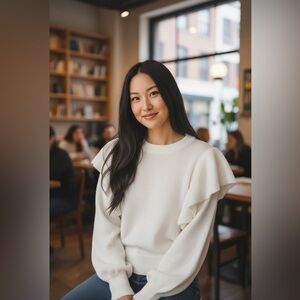 Ces Femme White Crew Neck Ruffle Shoulder Sweater SZ.L Worn once